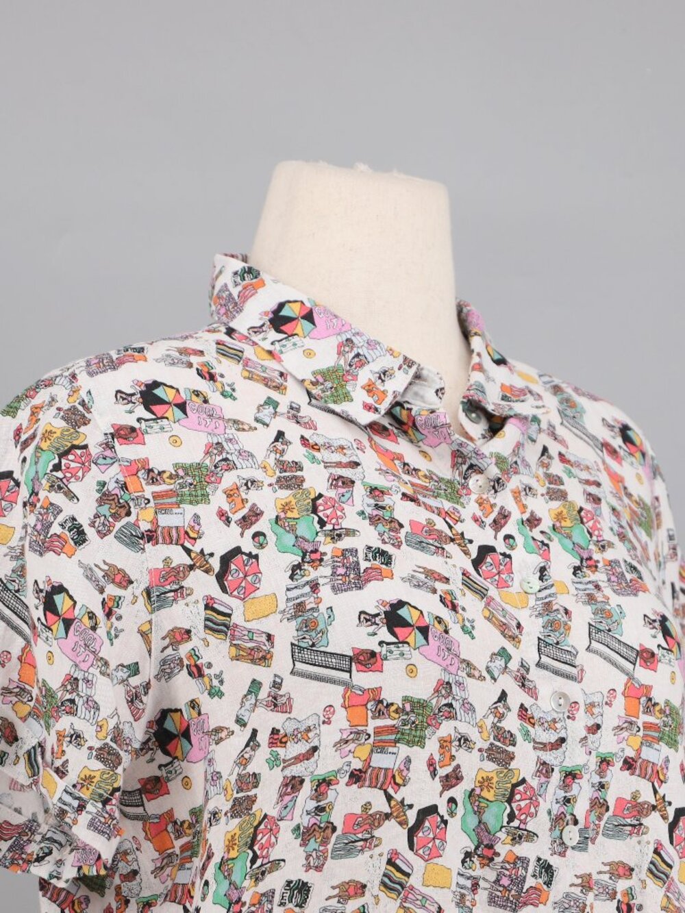 NICOLE MILLER Novelty Beach Scene Short Sleeve Linen Shirt Size L - Picture 3 of 7